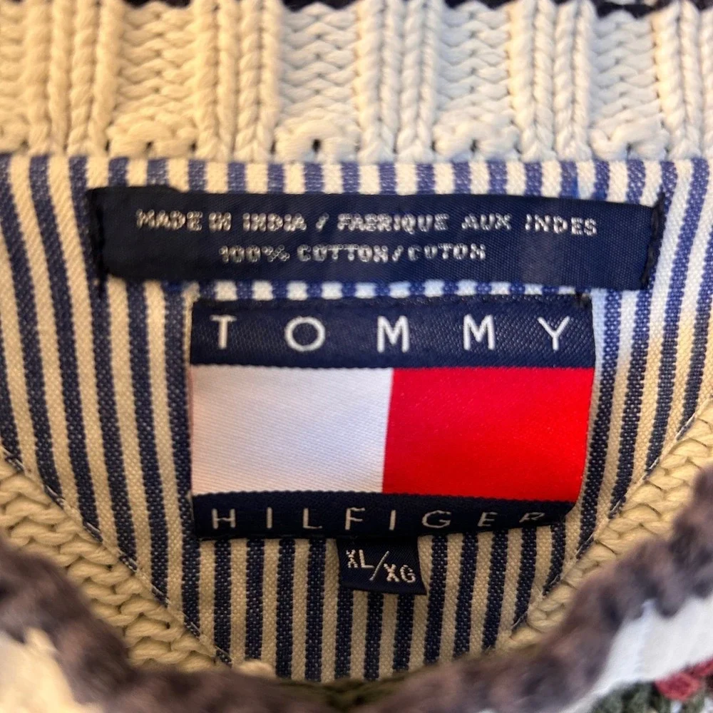 VTG Tommy Hilfiger Men's XL Argyle Heavy Knit Sweater Ivory Green Navy Cotton